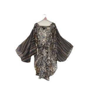 Cejon‎ Floral Striped Kimono Wrap Top OSFM Grey Tan Chiffon Mixed Print Blouse